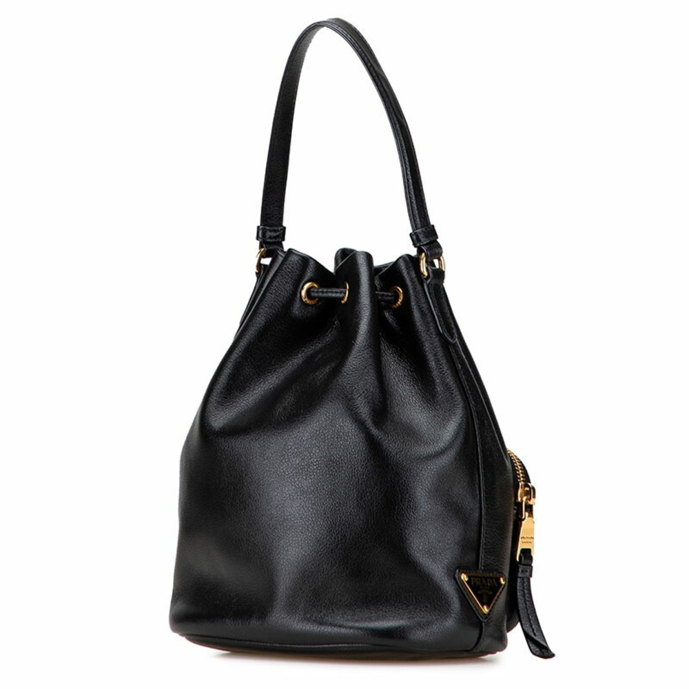 Prada bag plate triangular logo shoulder leather black bucket handbag